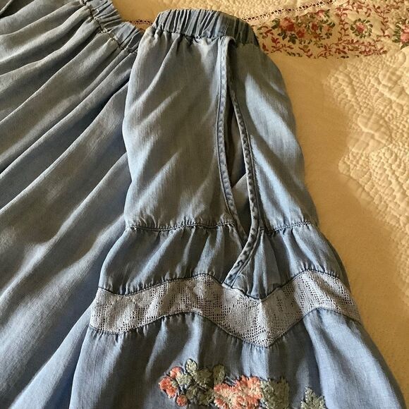 DENIM Blue HIGH-LOW EMBROIDERED LACED SLEEVES OFF-ON OPEN SHOULDER TOP - Picture 12 of 15